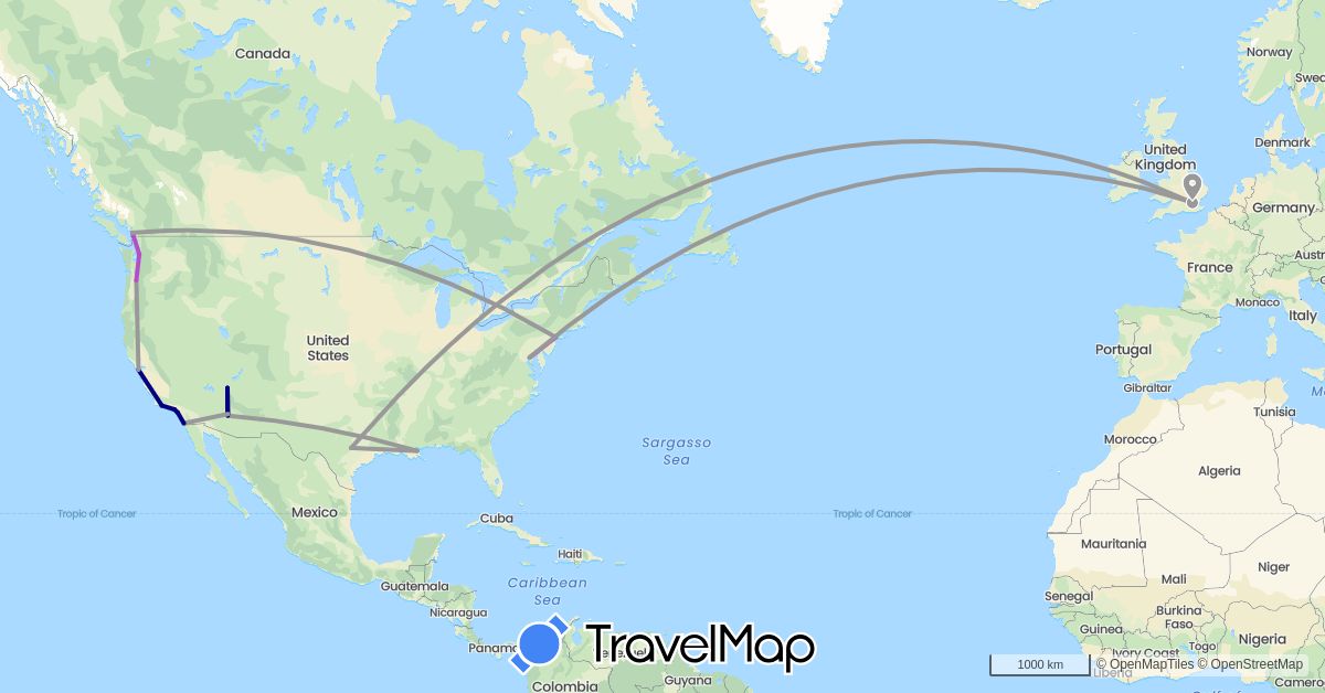 TravelMap itinerary: driving, plane, train in Canada, United Kingdom, United States (Europe, North America)