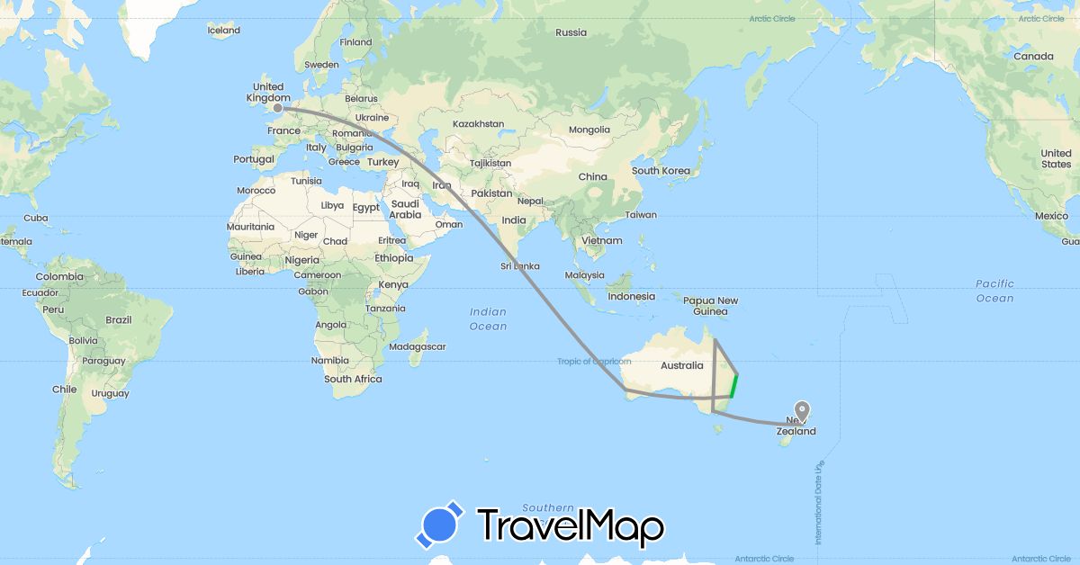 TravelMap itinerary: driving, bus, plane in Australia, United Kingdom, New Zealand (Europe, Oceania)